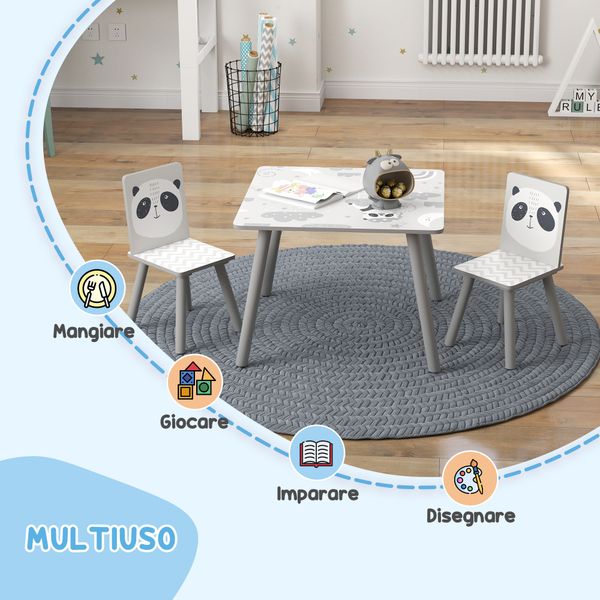 Set tavolino e 2 sedie per bambini 3-8 anni in mdf e legno di pino, grigio - 
