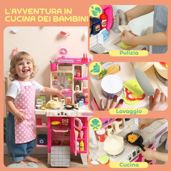 Cucina giocattolo per bambini 3-6 anni con 104 accessori, in pp, pe e abs, 52.5x22x100 cm, rosa - 
