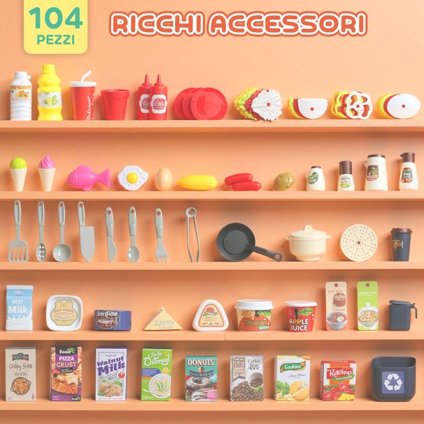 Cucina giocattolo per bambini 3-6 anni con 104 accessori, in pp, pe e abs, 52.5x22x100 cm, rosa - 