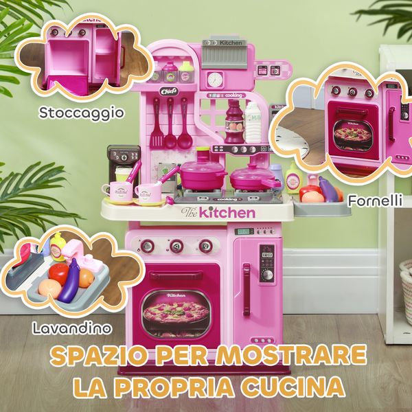 Cucina giocattolo per bambini da 33 pezzi con luci, suoni e rubinetto, in pp e abs, 53x22x69 cm, rosa - 