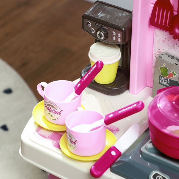 Cucina giocattolo per bambini da 33 pezzi con luci, suoni e rubinetto, in pp e abs, 53x22x69 cm, rosa - 