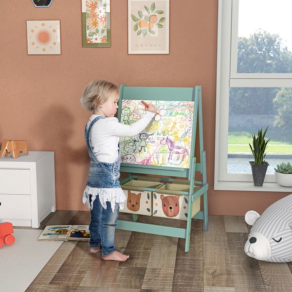 Lavagna per bambini con cavalletto 3 in 1 e 2 contenitori, età 3-8 anni, 54x46.5x93cm, verde - 