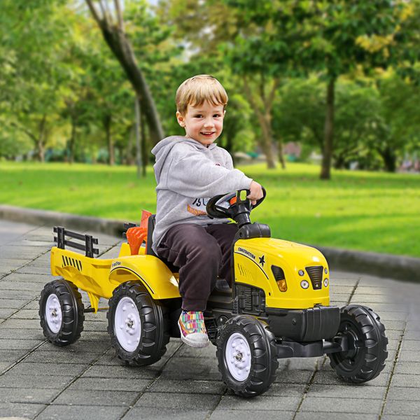 Trattore a pedali per bambini da 3+ anni con rimorchio, rastrello, pala e clacson, giallo - 