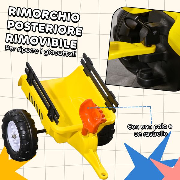 Trattore a pedali per bambini da 3+ anni con rimorchio, rastrello, pala e clacson, giallo - 