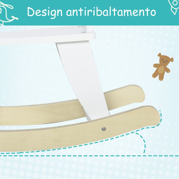 Cavallo a dondolo classico in legno per bambini 1-3 anni con bordo, maniglie e poggiapiedi, 68x26.5x48cm, bianco - 