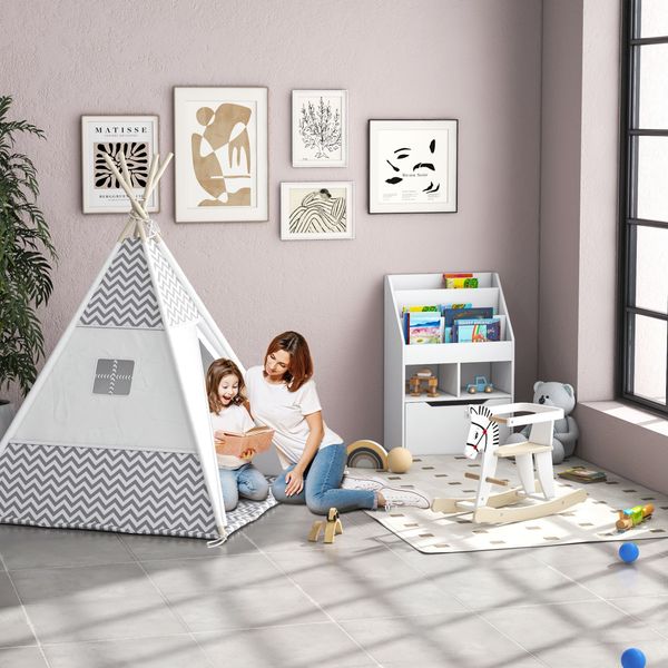 Cavallo a dondolo classico in legno per bambini 1-3 anni con bordo, maniglie e poggiapiedi, 68x26.5x48cm, bianco - 