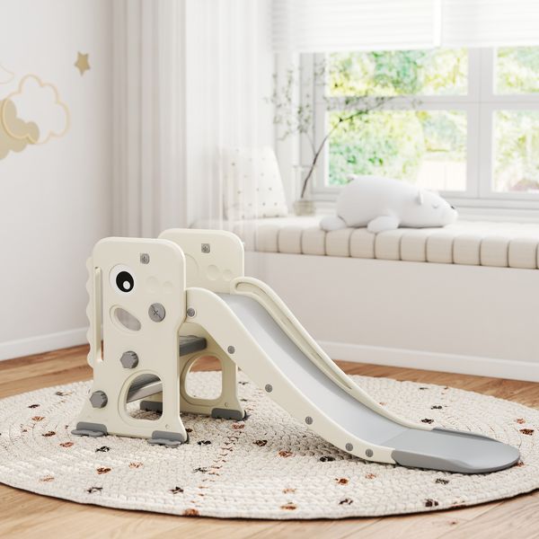 Scivolo per bambini pieghevole con canestro e palla da basket, in pp e hdpe, 146x52x65 cm, grigio e crema - 