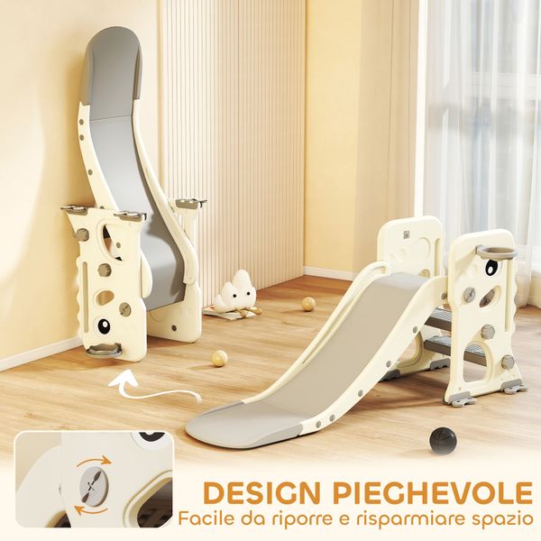 Scivolo per bambini pieghevole con canestro e palla da basket, in pp e hdpe, 146x52x65 cm, grigio e crema - 