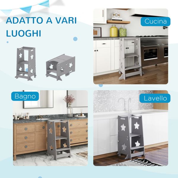Scala montessori convertibile in set tavolo e sedie con barra di sicurezza, in legno, 60x44.5x86 cm, grigio - 
