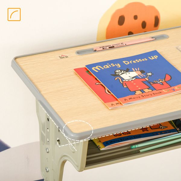 Banco scuola con sedia per bambini 6-12 anni, scrivania per bambini con altezza regolabile, vano contenitore e portapenne, acciaio e mdf, color legno - 