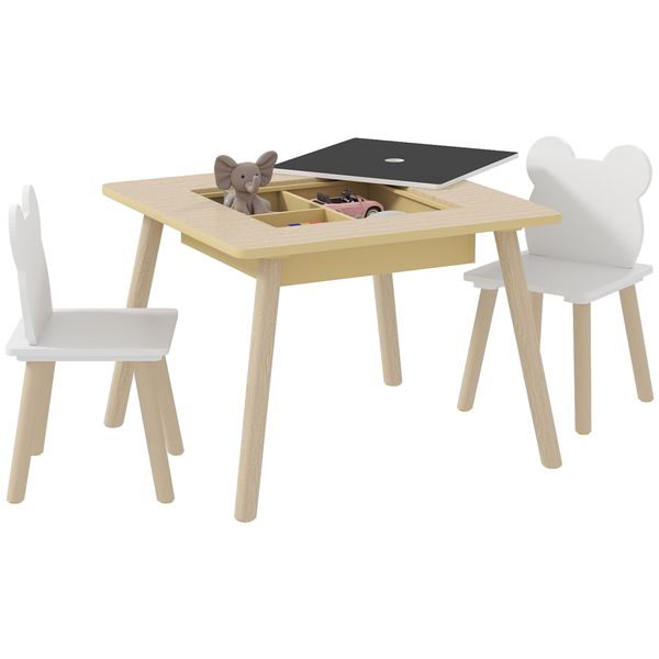 Set tavolo 3 in 1 e 2 sedie per bambini con schienale a orsetto, età 3-6 anni, colore legno - 