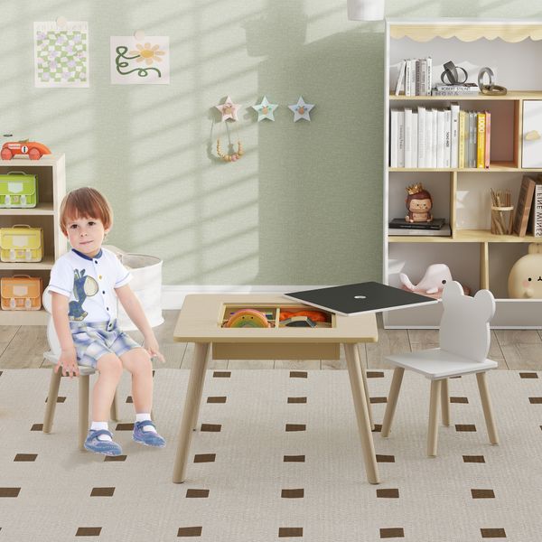 Set tavolo 3 in 1 e 2 sedie per bambini con schienale a orsetto, età 3-6 anni, colore legno - 
