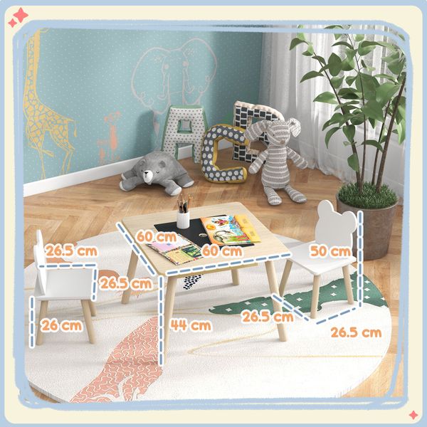 Set tavolo 3 in 1 e 2 sedie per bambini con schienale a orsetto, età 3-6 anni, colore legno - 