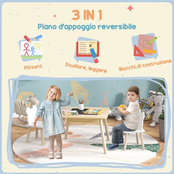Set tavolo 3 in 1 e 2 sedie per bambini con schienale a orsetto, età 3-6 anni, colore legno - 