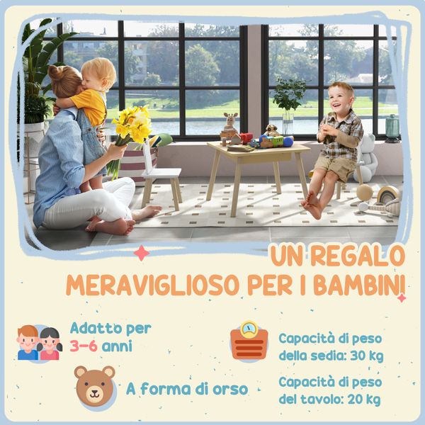 Set tavolo 3 in 1 e 2 sedie per bambini con schienale a orsetto, età 3-6 anni, colore legno - 