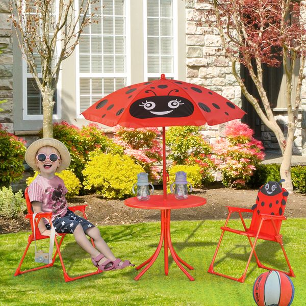 Set tavolo da giardino con 2 sedie pieghevoli, tavolino con sedie da esterno con ombrellone per bambini in metallo e poliestere, rosso - 