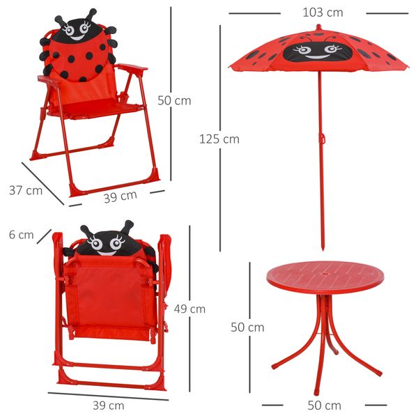 Set tavolo da giardino con 2 sedie pieghevoli, tavolino con sedie da esterno con ombrellone per bambini in metallo e poliestere, rosso - 