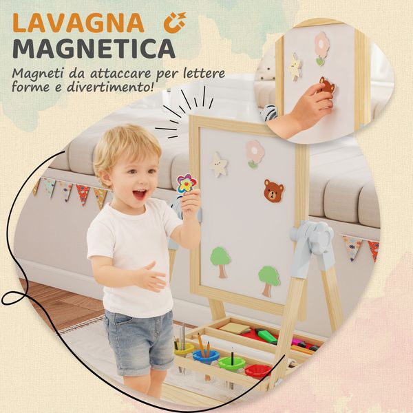 Cavalletto per bambini doppia lavagna per gesso e pennarelli, lavagnetta magnetica e rotolo di carta, legno - 