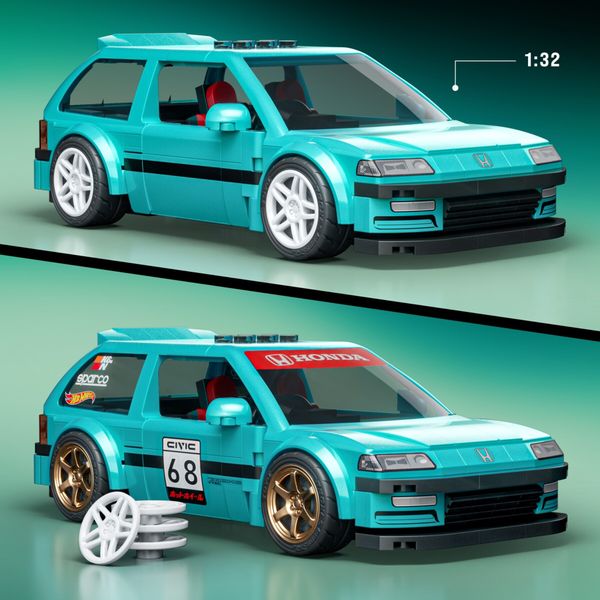 Mattel brick shop hot wheels – custom '90 honda civic ef, set costruzione 248 pezzi con adesivi e dettagli realistici - BRICK SHOP