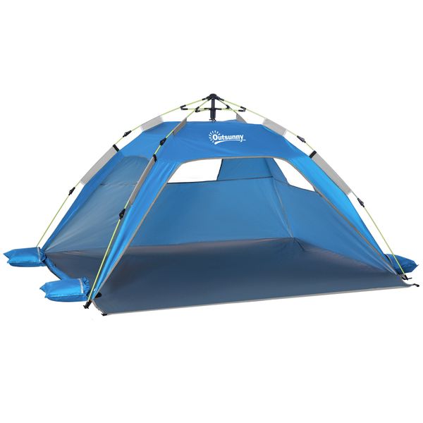Tenda da spiaggia pop up con porta a cerniera, in poliestere e fibra di vetro, 220x173x120 cm, blu cielo e grigio - 