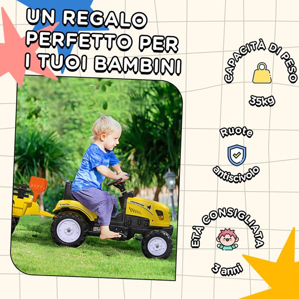 Trattore a pedali per bambini da 3+ anni con rimorchio, rastrello, pala e clacson, giallo - 