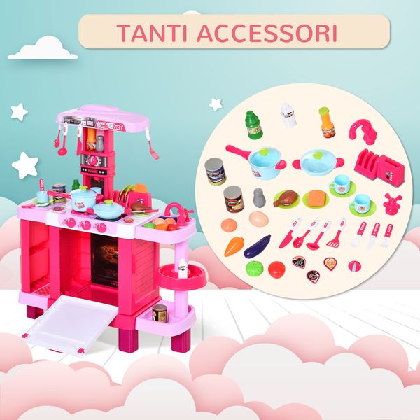 Cucina giocattolo per bambini con 38 accessori inclusi, con luci e suoni realistici, 78x29x87 cm, rosa - 
