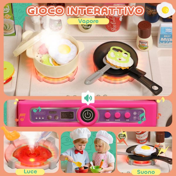 Cucina giocattolo per bambini 3-6 anni con 104 accessori, in pp, pe e abs, 52.5x22x100 cm, rosa - 