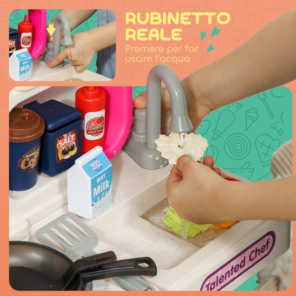 Cucina giocattolo per bambini 3-6 anni con 104 accessori, in pp, pe e abs, 52.5x22x100 cm, rosa - 