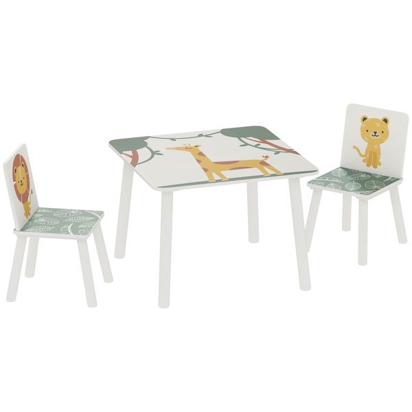 Set arredo cameretta con tavolo e 2 sedie per bambini da 3-8 anni con fantasia con animali, verde - 