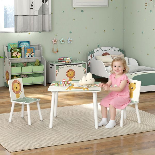 Set arredo cameretta con tavolo e 2 sedie per bambini da 3-8 anni con fantasia con animali, verde - 