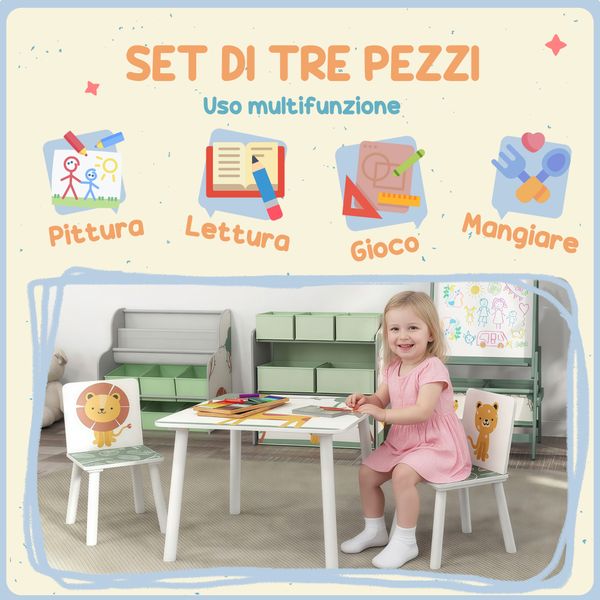 Set arredo cameretta con tavolo e 2 sedie per bambini da 3-8 anni con fantasia con animali, verde - 