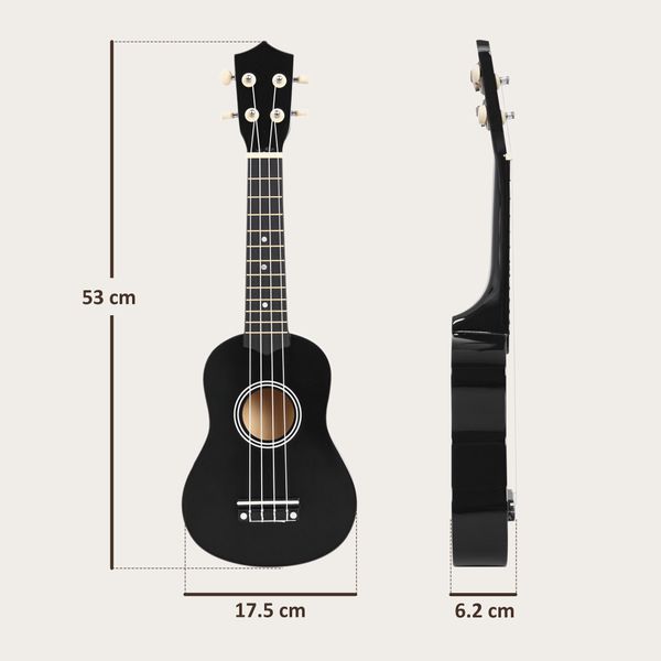 Ukulele per principianti da 21 pollici in legno con corde in nylon, plettro e corda di ricambio, nero - 