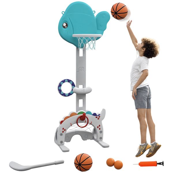 Canestro basket per bambini 5 in 1 con altezza regolabile, porta da calcio e golf, età 3-6 anni - 