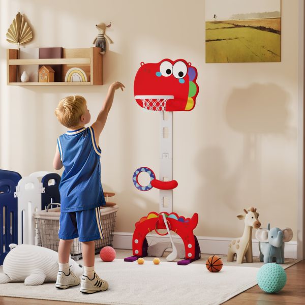 Canestro basket per bambini 5 in 1 con altezza regolabile, porta da calcio e golf, età 3-6 anni, rosso - 