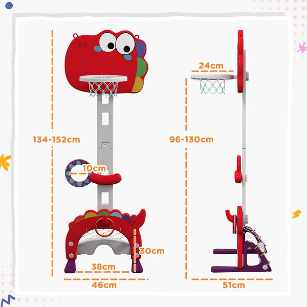 Canestro basket per bambini 5 in 1 con altezza regolabile, porta da calcio e golf, età 3-6 anni, rosso - 