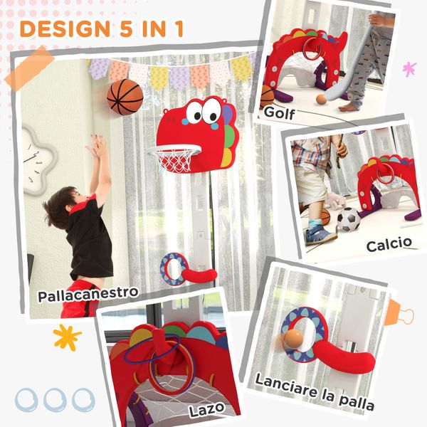 Canestro basket per bambini 5 in 1 con altezza regolabile, porta da calcio e golf, età 3-6 anni, rosso - 