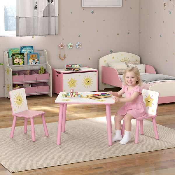 Set arredo cameretta con tavolo e 2 sedie, altezza adatta per bambini da 3-8 anni con fantasia a stelle, rosa - 