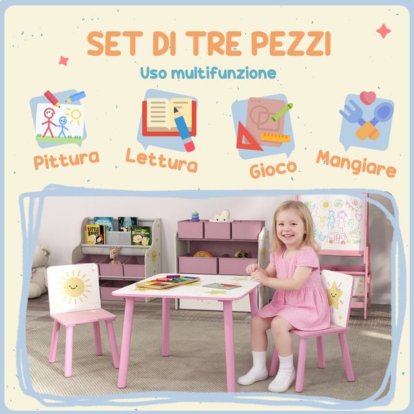 Set arredo cameretta con tavolo e 2 sedie, altezza adatta per bambini da 3-8 anni con fantasia a stelle, rosa - 