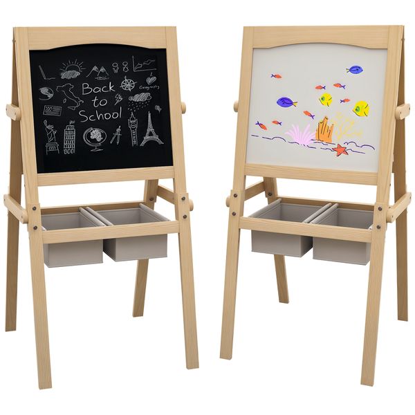 Lavagna per bambini con cavalletto 3 in 1 e cestini, età 3-6 anni, 58x50.5x109cm, color legno - 