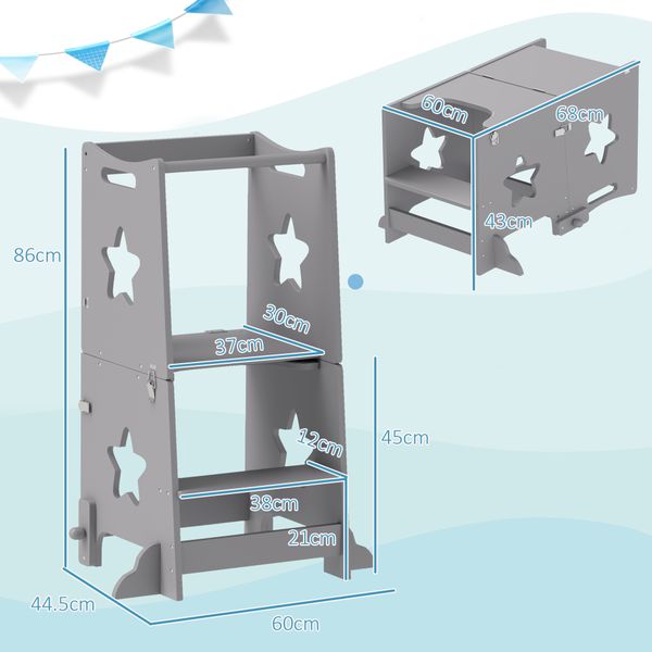 Scala montessori convertibile in set tavolo e sedie con barra di sicurezza, in legno, 60x44.5x86 cm, grigio - 