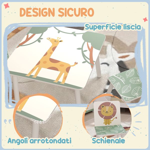 Set arredo cameretta con tavolo e 2 sedie per bambini da 3-8 anni con fantasia con animali, verde - 