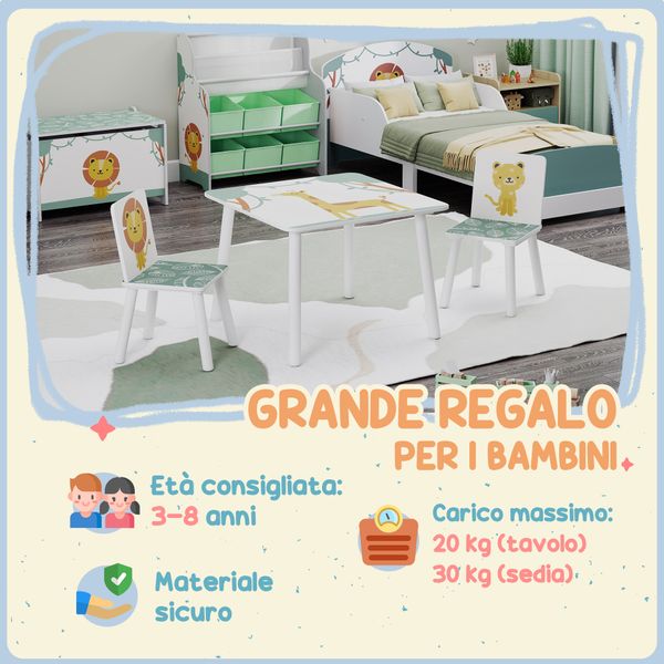 Set arredo cameretta con tavolo e 2 sedie per bambini da 3-8 anni con fantasia con animali, verde - 