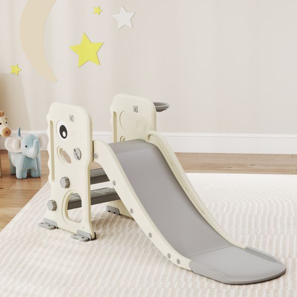 Scivolo per bambini pieghevole con canestro e palla da basket, in pp e hdpe, 146x52x65 cm, grigio e crema - 