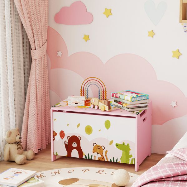 Baule portagiochi per bambini con cerniere di sicurezza in legno con disegni di animali, 60x37x39 cm, rosa - 