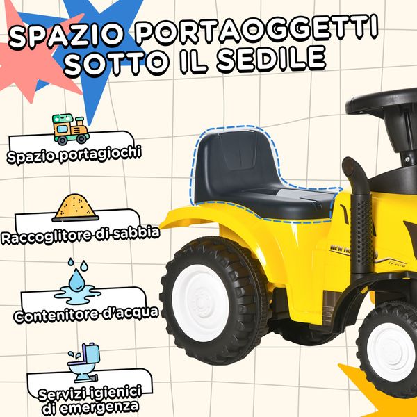 Trattore giocattolo per bambini cavalcabile con rimorchio, rastrello e pala, gioco educativo per bimbi 12-36 mesi, 91x29x44cm, giallo - 