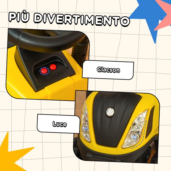 Trattore giocattolo per bambini cavalcabile con rimorchio, rastrello e pala, gioco educativo per bimbi 12-36 mesi, 91x29x44cm, giallo - 