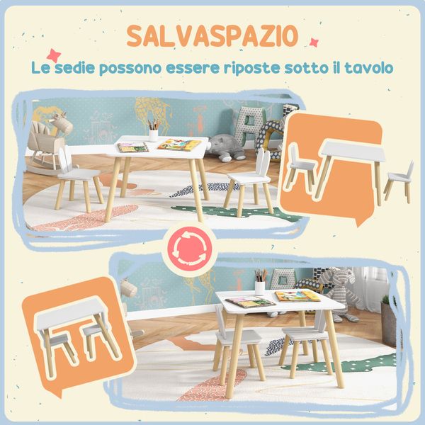 Set tavolo e 2 sedie per bambini con schienale a orecchie di coniglio, età 3-6 anni, bianco - 