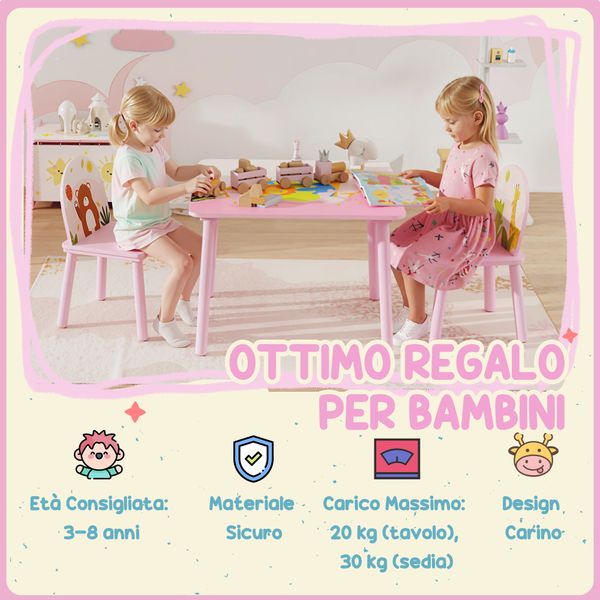 Set tavolo e sedie per bambini 3-8 anni con motivi animali e bordi arrotondati, in mdf e legno di pino rosa - 