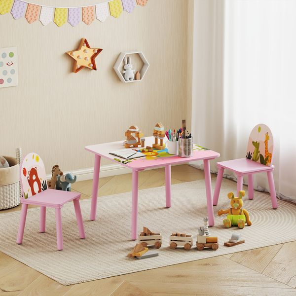Set tavolo e sedie per bambini 3-8 anni con motivi animali e bordi arrotondati, in mdf e legno di pino rosa - 