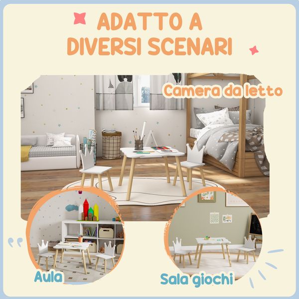 Set tavolo e 2 sedie per bambini con schienale a corona, età 3-6 anni, bianco - 